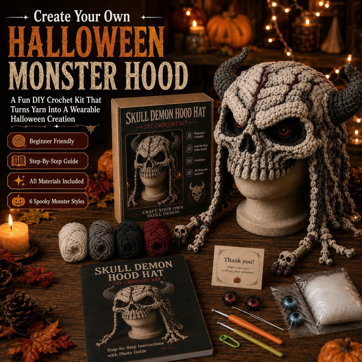 🎃 Halloween Monster Hood DIY Crochet Kit | Premium Soft Yarn Materials with Step-by-Step Guide DIY Handmade Wearable Character Hood 🧶🎭✨
