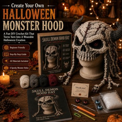 🎃 Halloween Monster Hood DIY Crochet Kit | Premium Soft Yarn Materials with Step-by-Step Guide DIY Handmade Wearable Character Hood 🧶🎭✨