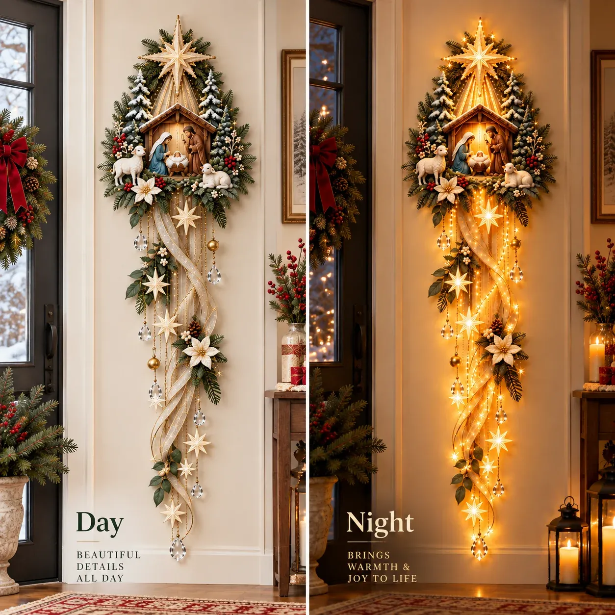 Nativity Starfall Wall Light day and night comparison