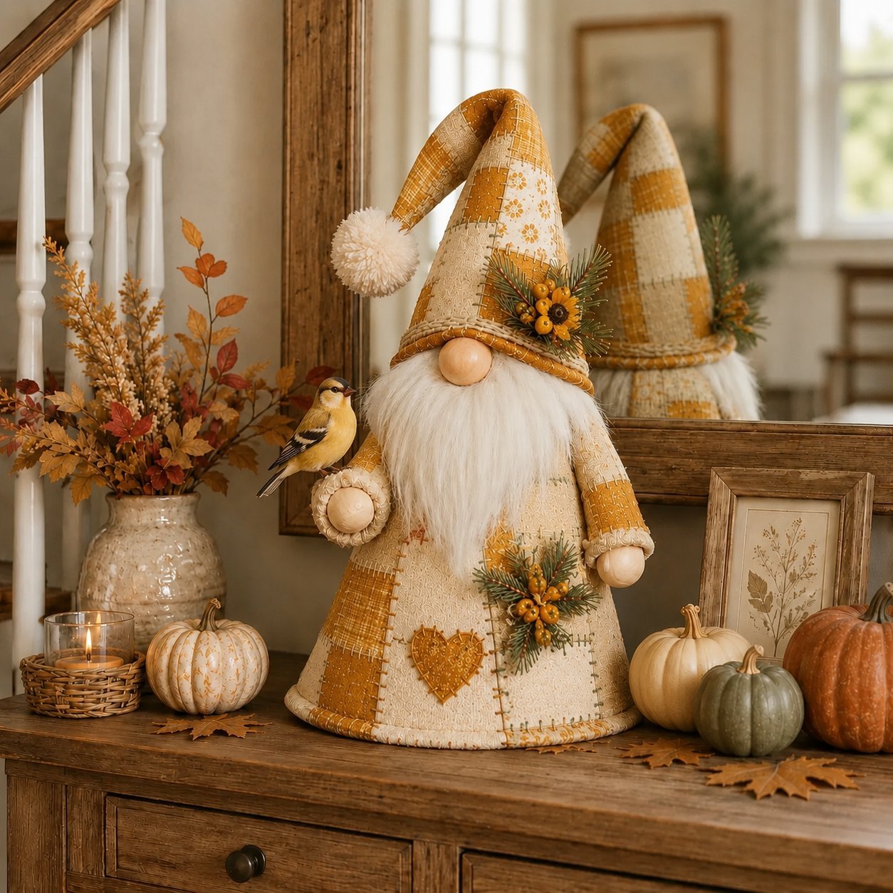  🐦 Patchwork Bird Gnome Light Collection | Warm Glowing Tabletop Decor with Farmhouse Patchwork Details for Mantels, Shelves & Holiday Gifts ✨