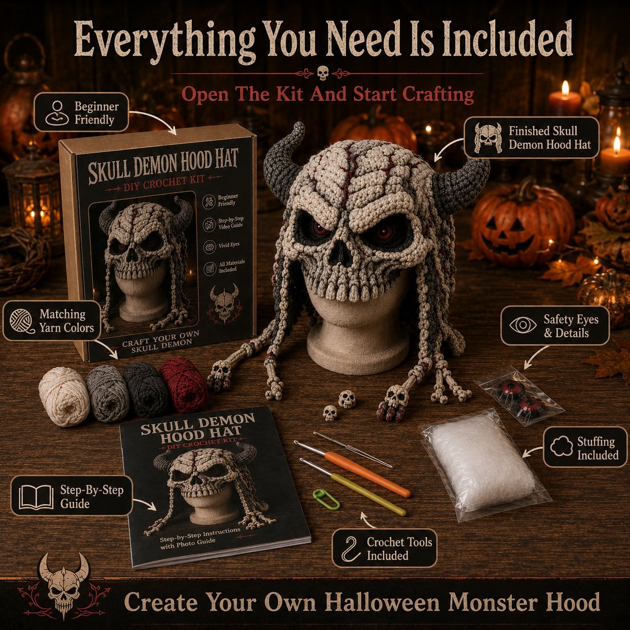 🎃 Halloween Monster Hood DIY Crochet Kit | Premium Soft Yarn Materials with Step-by-Step Guide DIY Handmade Wearable Character Hood 🧶🎭✨
