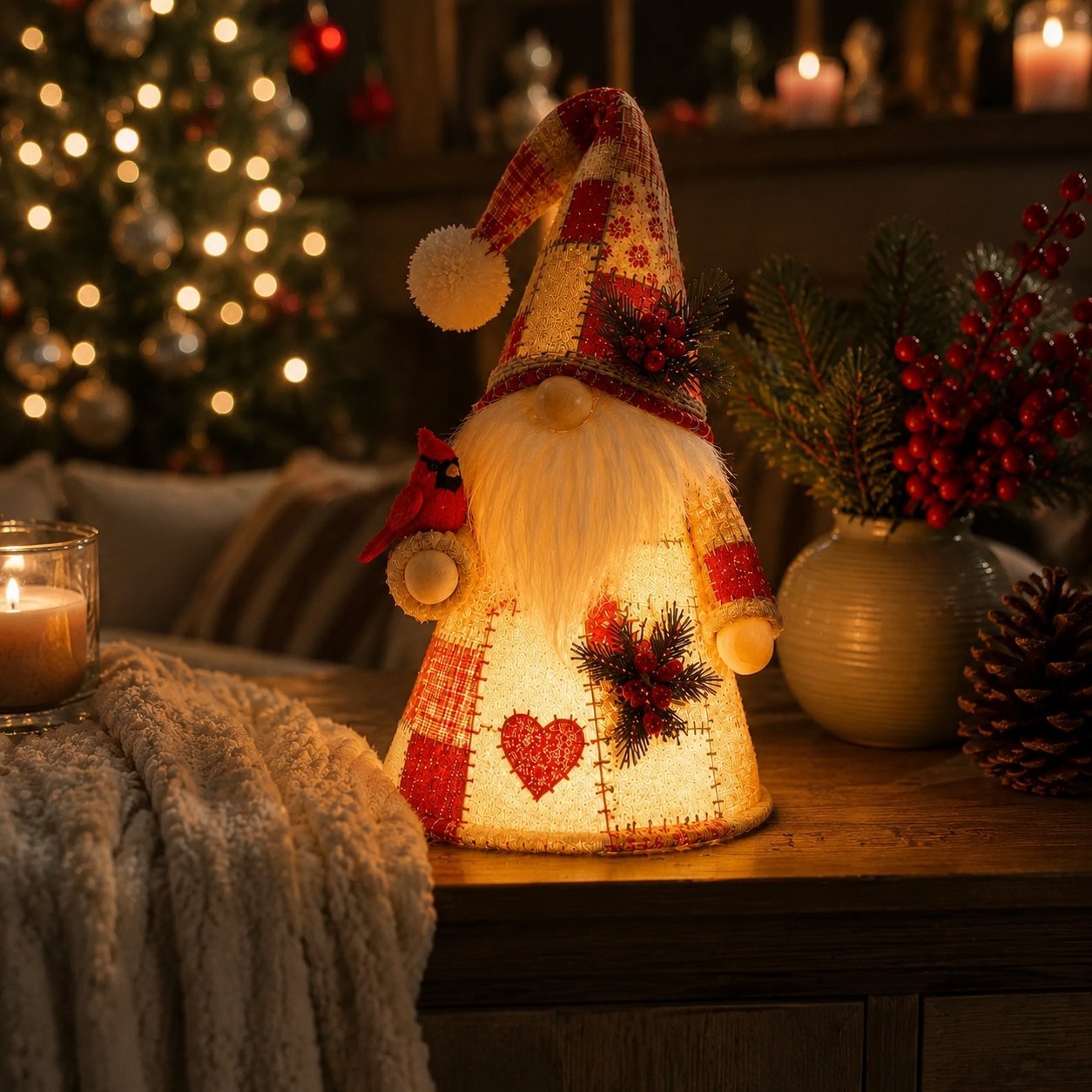 🐦 Patchwork Bird Gnome Light Collection | Warm Glowing Tabletop Decor with Farmhouse Patchwork Details for Mantels, Shelves & Holiday Gifts ✨
