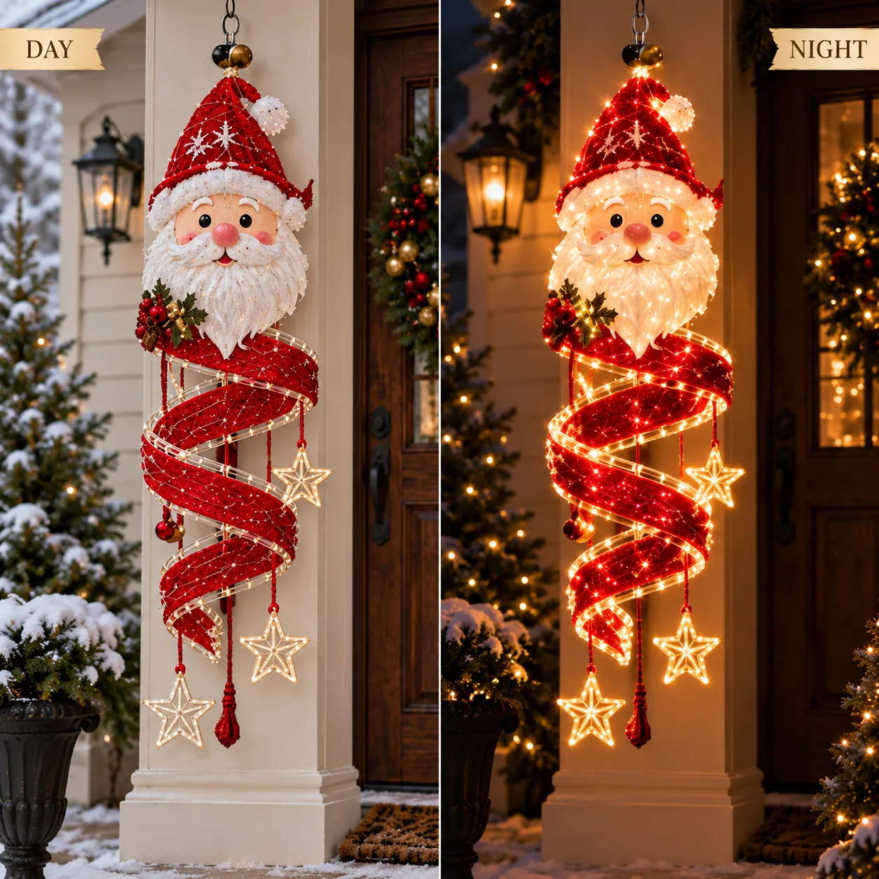 Santa Spiral hanging light shown during the day and glowing at night
