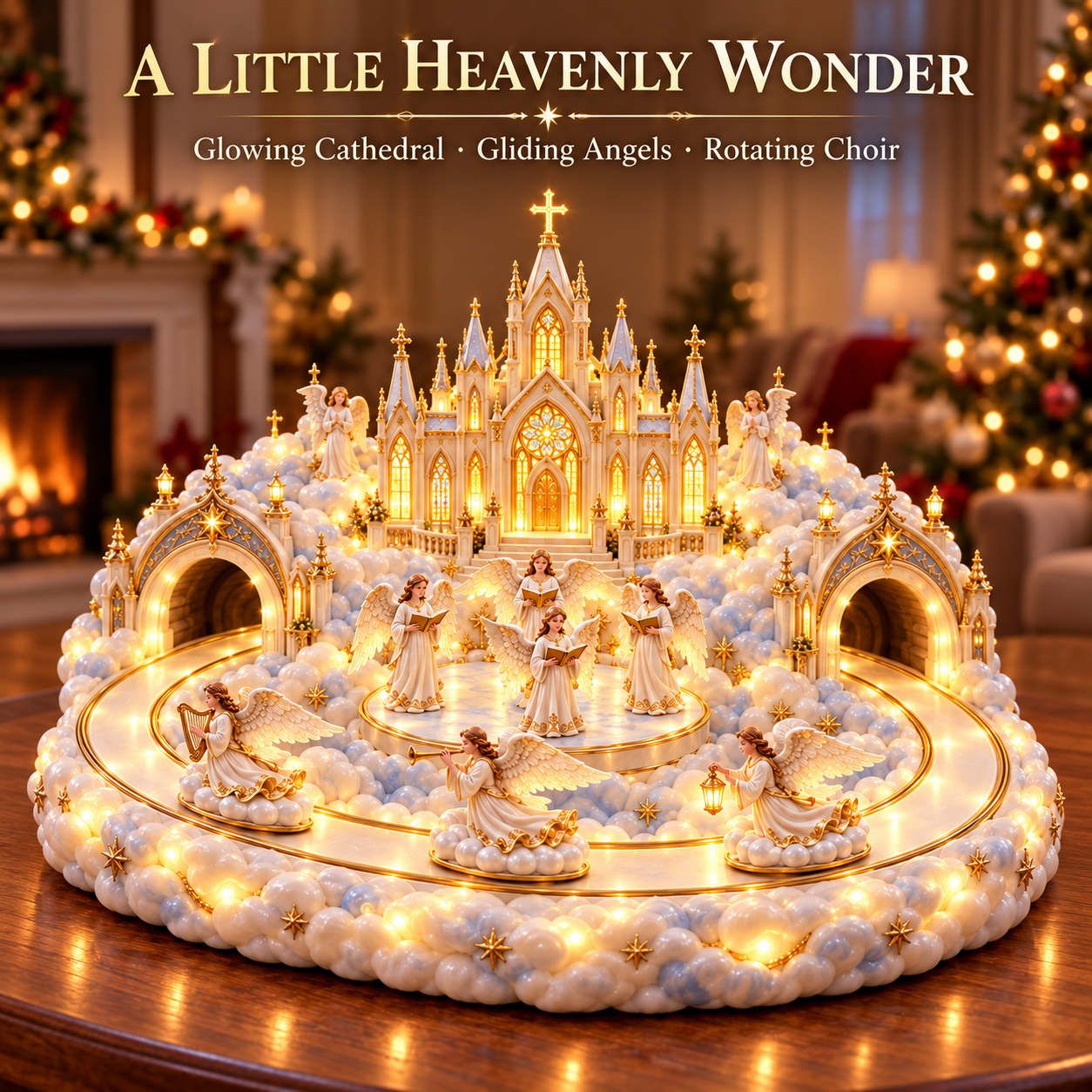Ivory-and-gold angel cathedral with sculpted clouds and ornate golden details