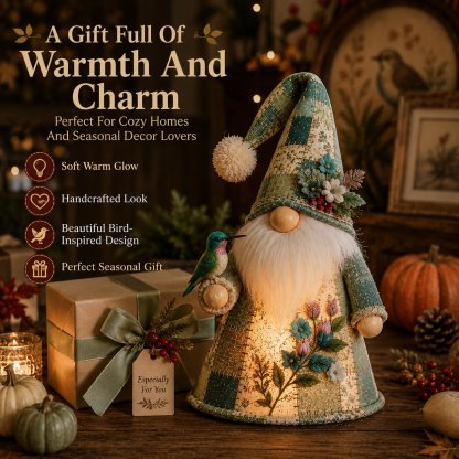  🐦 Patchwork Bird Gnome Light Collection | Warm Glowing Tabletop Decor with Farmhouse Patchwork Details for Mantels, Shelves & Holiday Gifts ✨