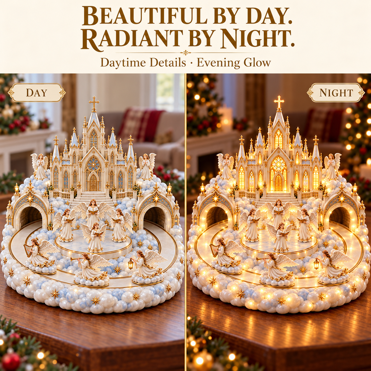 Angel cathedral shown with elegant ivory and gold seasonal details