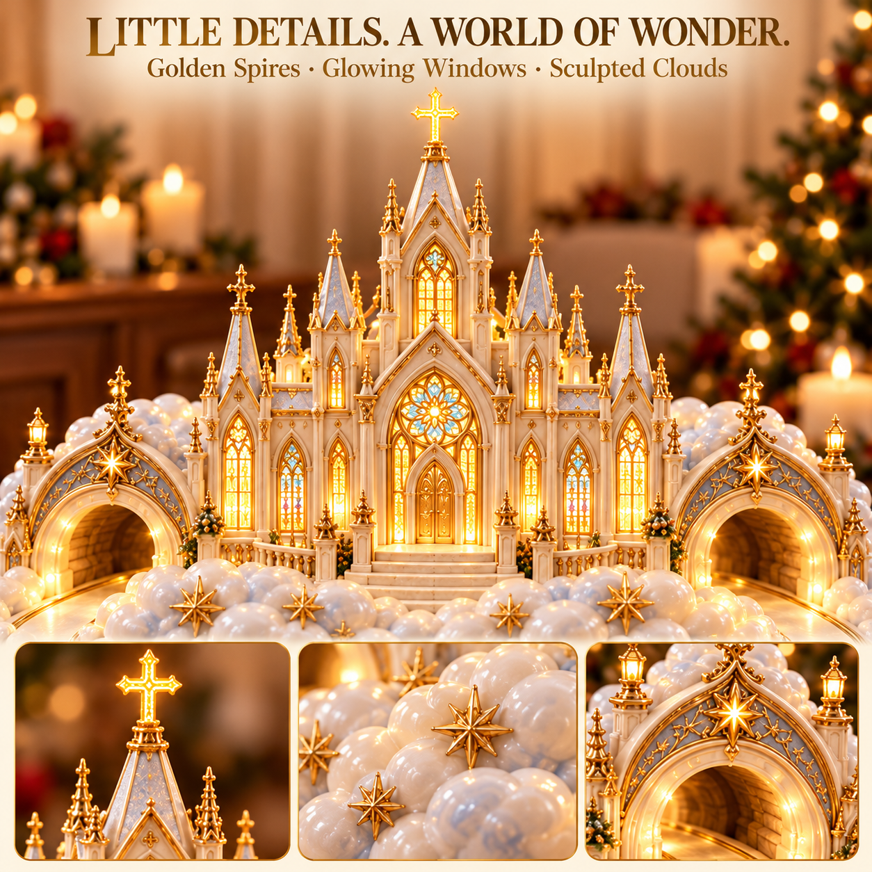 Cathedral spires, decorative cross, gold stars, clouds and ornate tunnel details