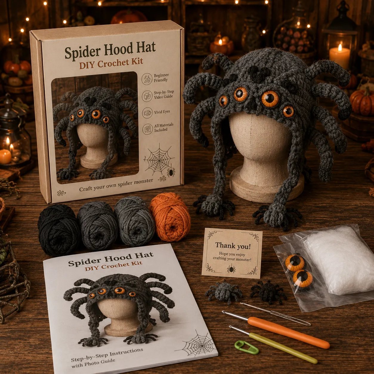 🎃 Halloween Monster Hood DIY Crochet Kit | Premium Soft Yarn Materials with Step-by-Step Guide DIY Handmade Wearable Character Hood 🧶🎭✨