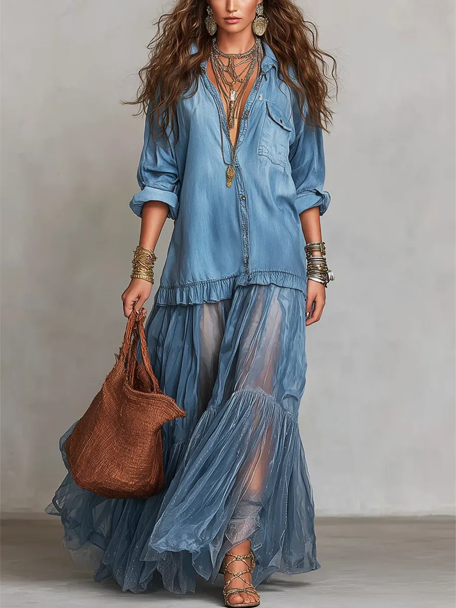 Women's Retro Lapel DenimOrganza Patchwork Art CasualMaxi Dress