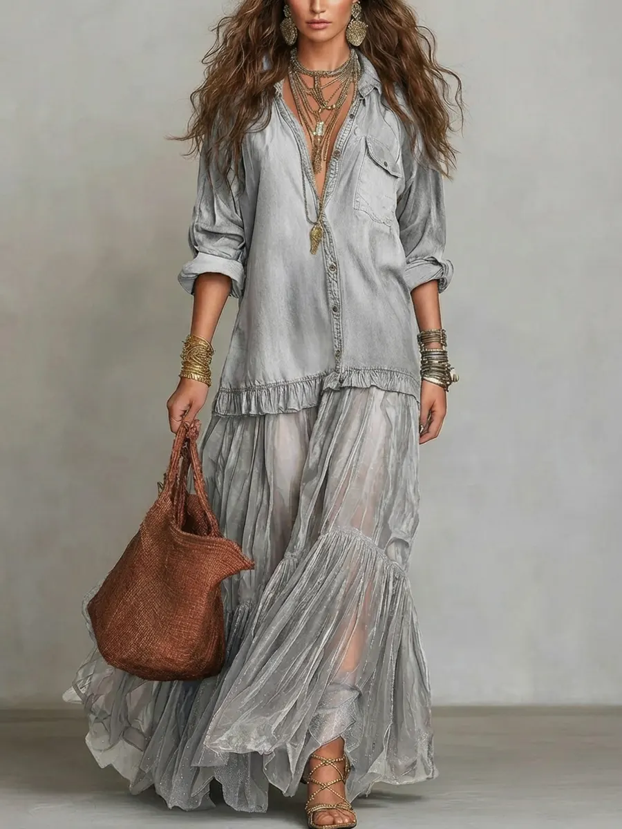 Women's Retro Lapel DenimOrganza Patchwork Art CasualMaxi Dress