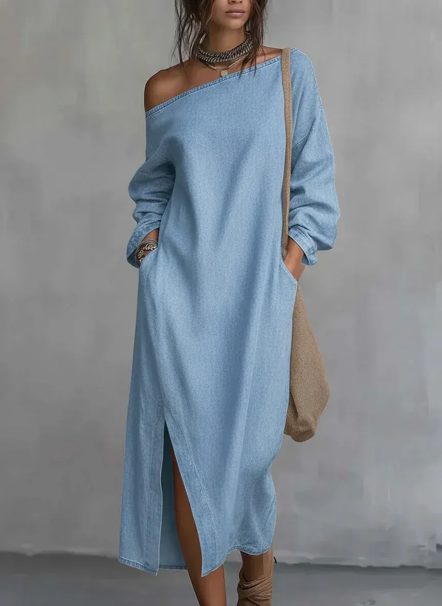 Loose-fitting One Shoulder SplitHem Cotton Linen Midi Dress