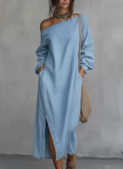 Loose-fitting One Shoulder SplitHem Cotton Linen Midi Dress