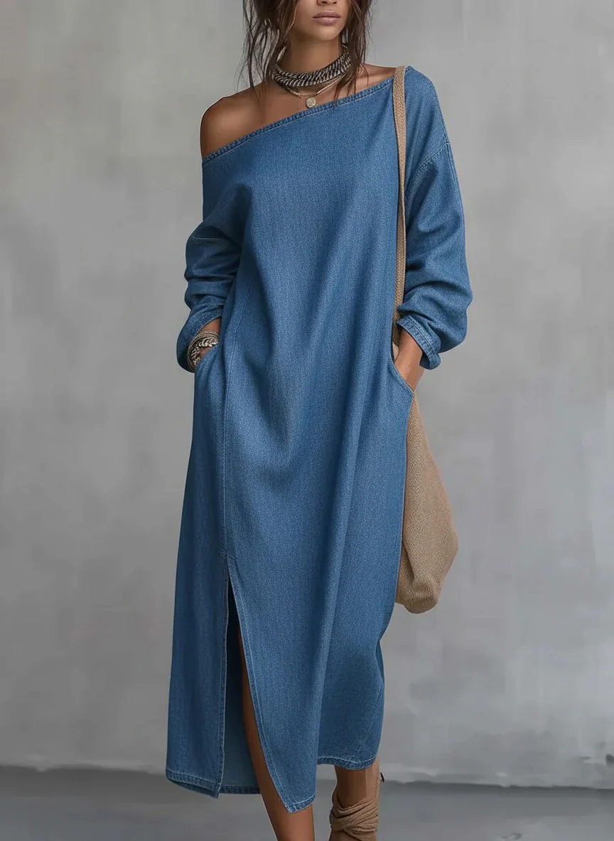 Loose-fitting One Shoulder SplitHem Cotton Linen Midi Dress