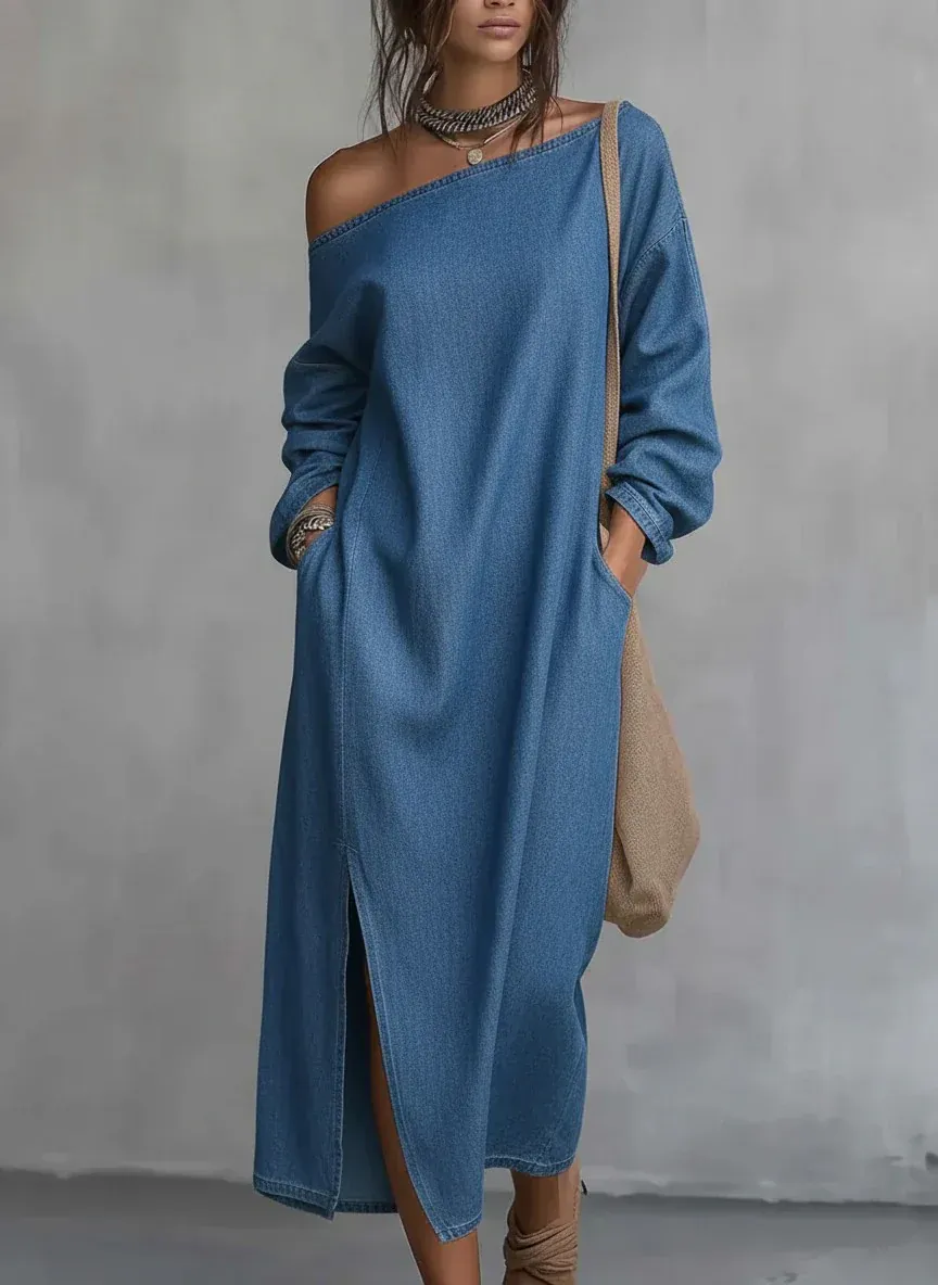 Loose-fitting One Shoulder SplitHem Cotton Linen Midi Dress