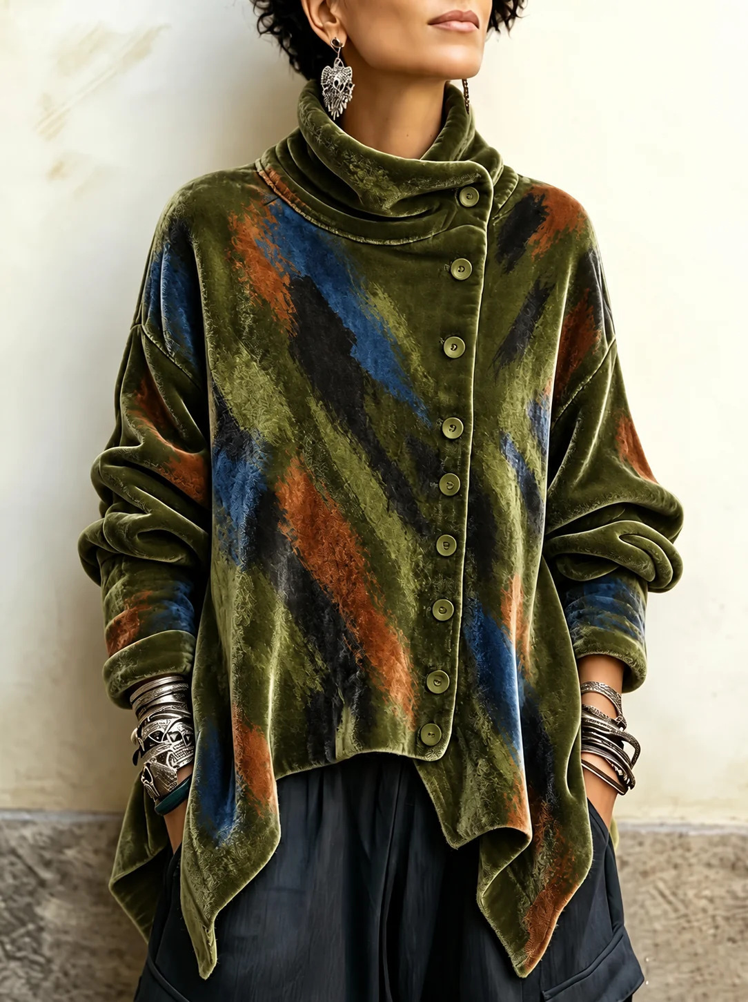 Forest Green Botanical Crushed Velvet Asymmetric Button Tunic with Funnel Neck