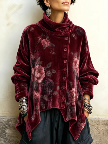 Forest Green Botanical Crushed Velvet Asymmetric Button Tunic with Funnel Neck