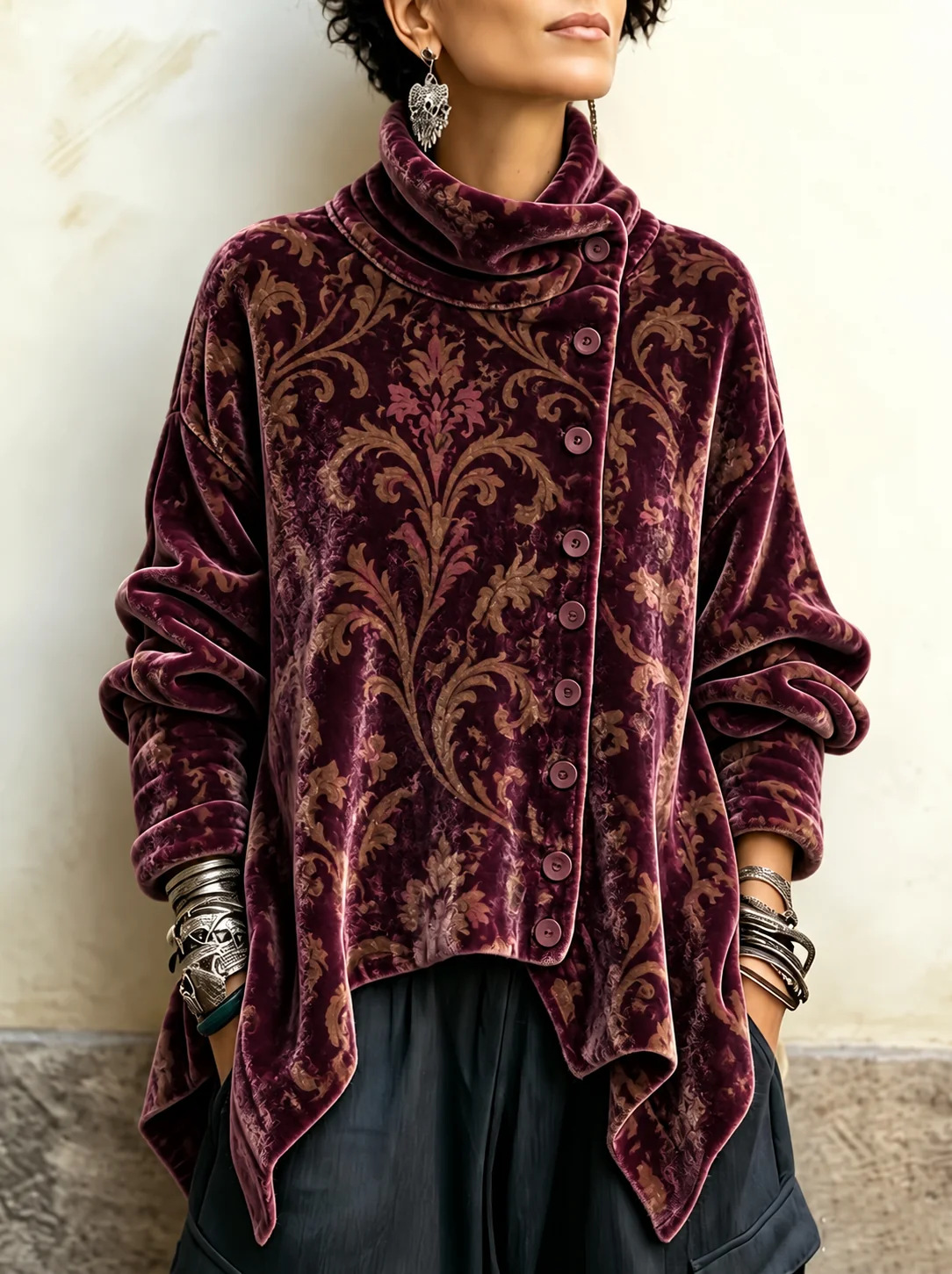 Forest Green Botanical Crushed Velvet Asymmetric Button Tunic with Funnel Neck