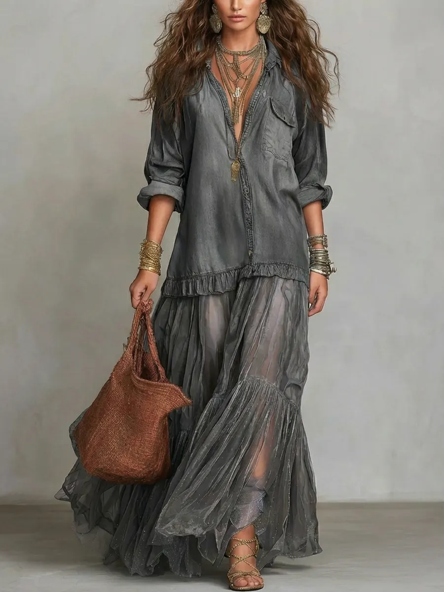 Women's Retro Lapel DenimOrganza Patchwork Art CasualMaxi Dress