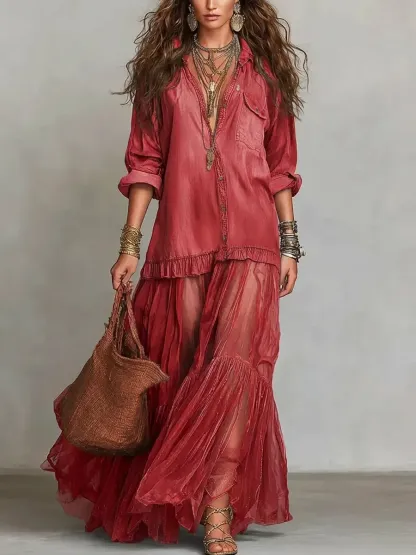 Women's Retro Lapel DenimOrganza Patchwork Art CasualMaxi Dress