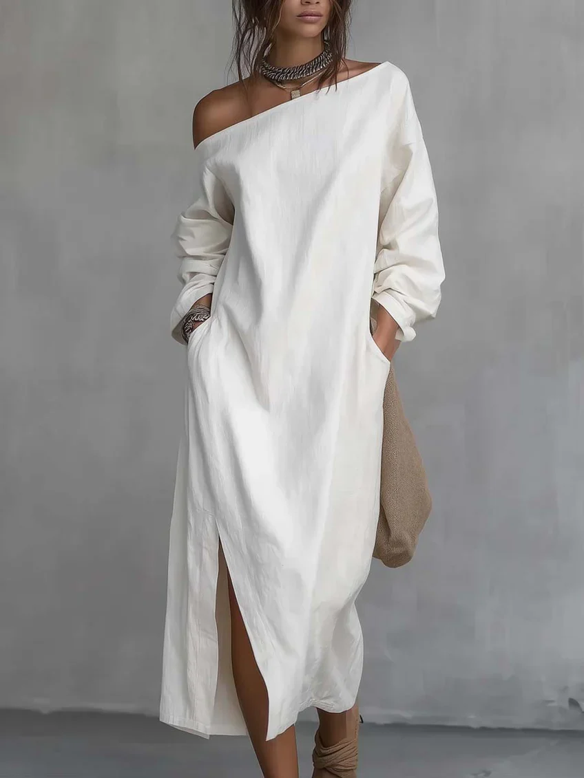 Loose-fitting One Shoulder SplitHem Cotton Linen Midi Dress
