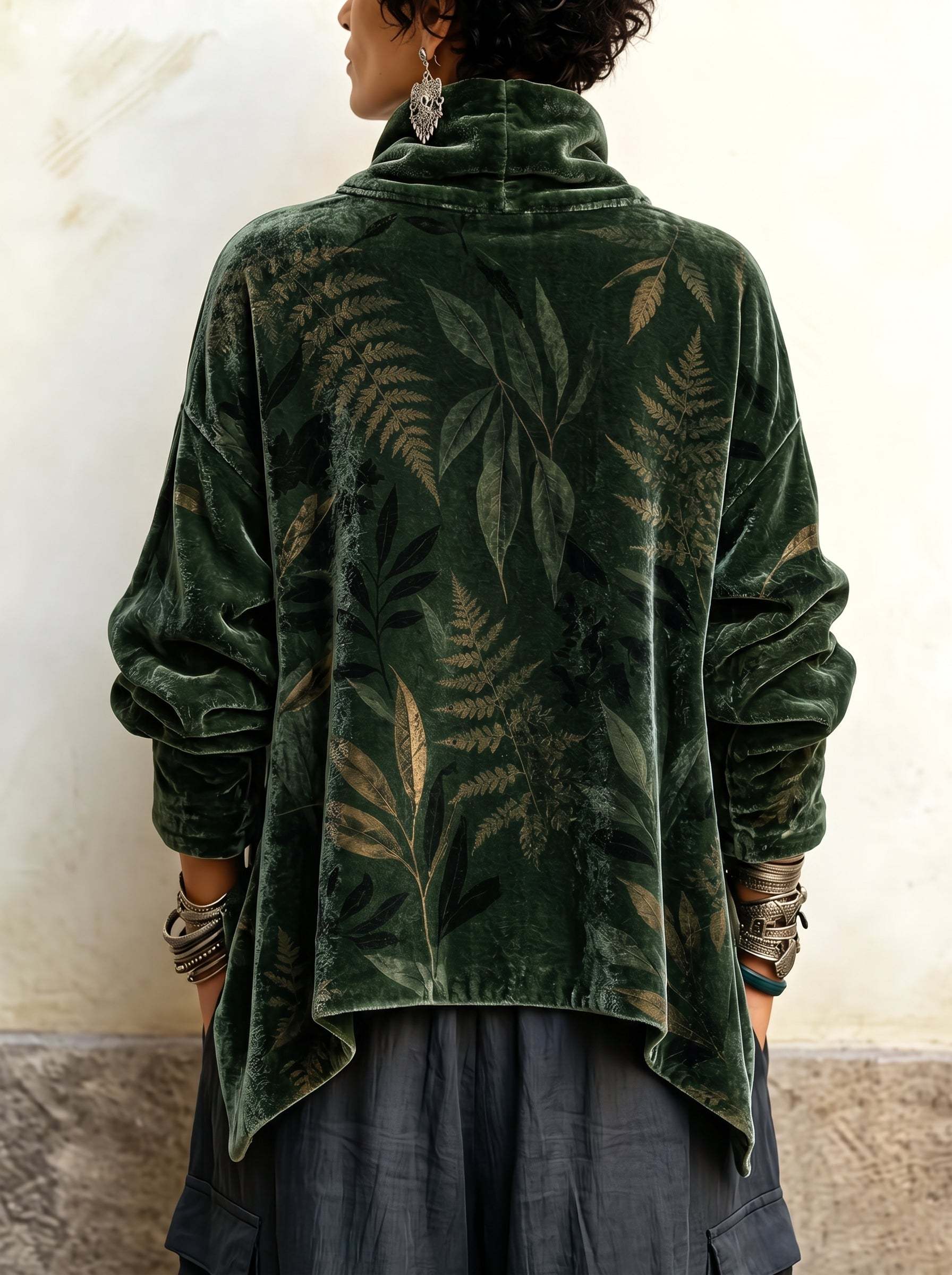 Forest Green Botanical Crushed Velvet Asymmetric Button Tunic with Funnel Neck