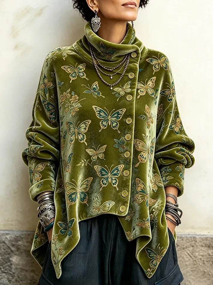 Forest Green Botanical Crushed Velvet Asymmetric Button Tunic with Funnel Neck