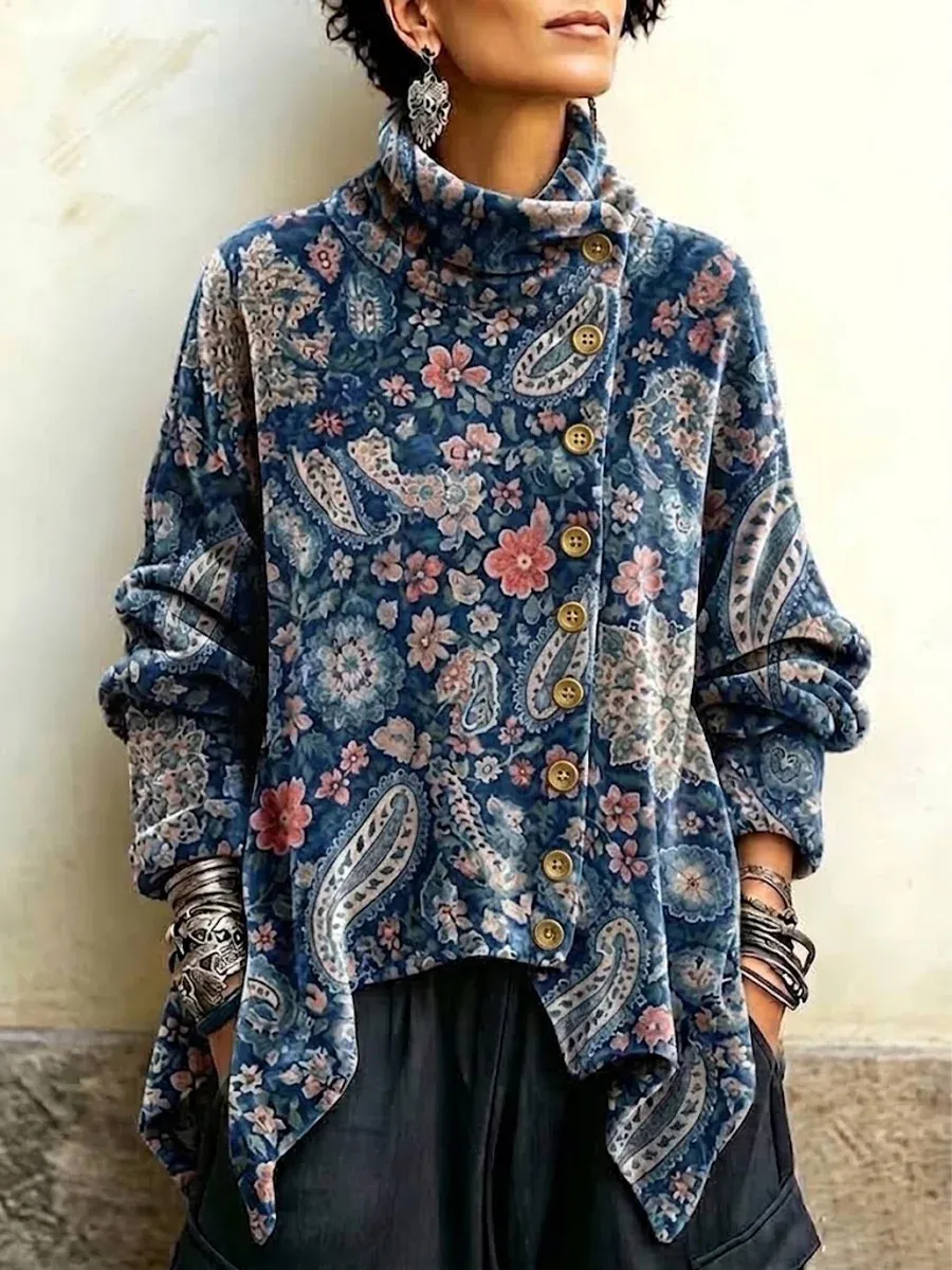 Forest Green Botanical Crushed Velvet Asymmetric Button Tunic with Funnel Neck