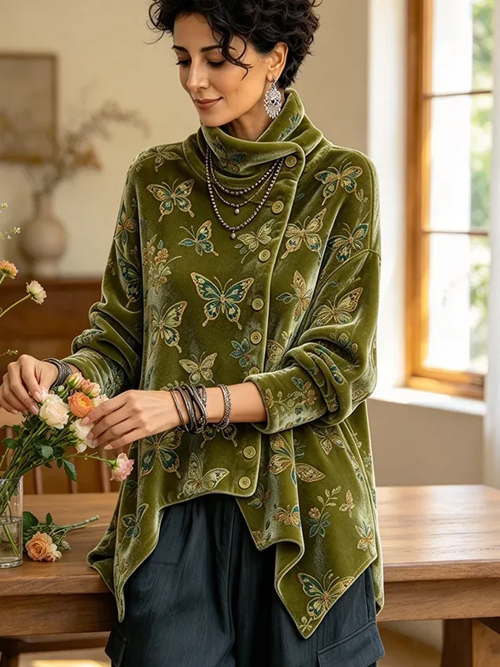 Forest Green Botanical Crushed Velvet Asymmetric Button Tunic with Funnel Neck