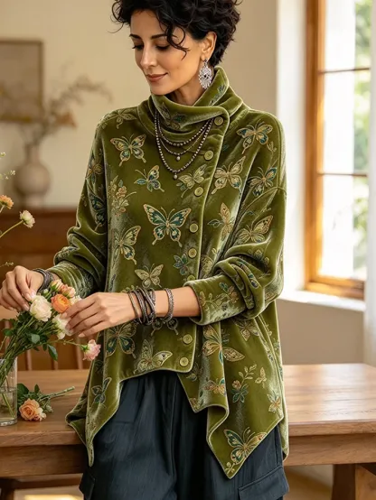Forest Green Botanical Crushed Velvet Asymmetric Button Tunic with Funnel Neck
