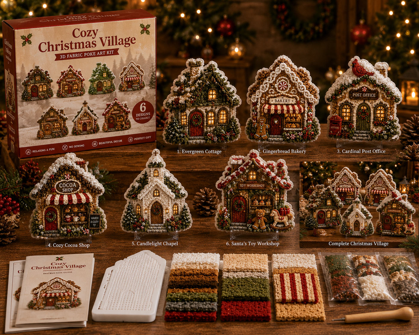 Cozy Christmas Village Fabric Poke Art Kit 🎄 Create a Holiday Keepsake by Hand