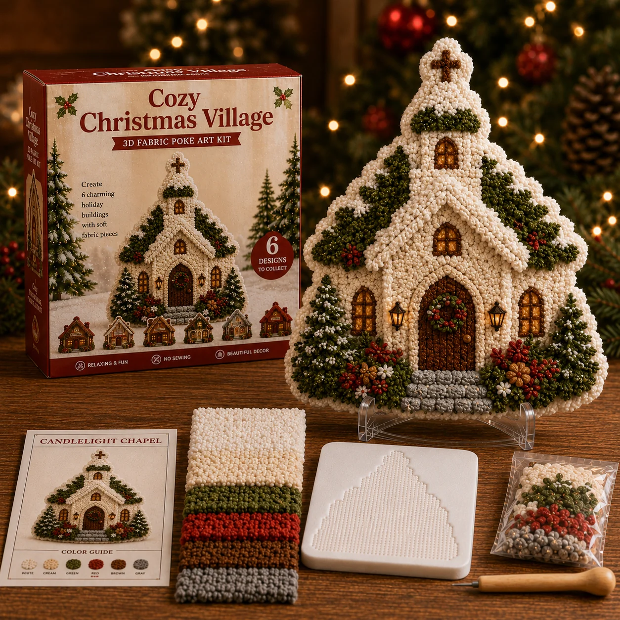 Cozy Christmas Village Fabric Poke Art Kit 🎄 Create a Holiday Keepsake by Hand
