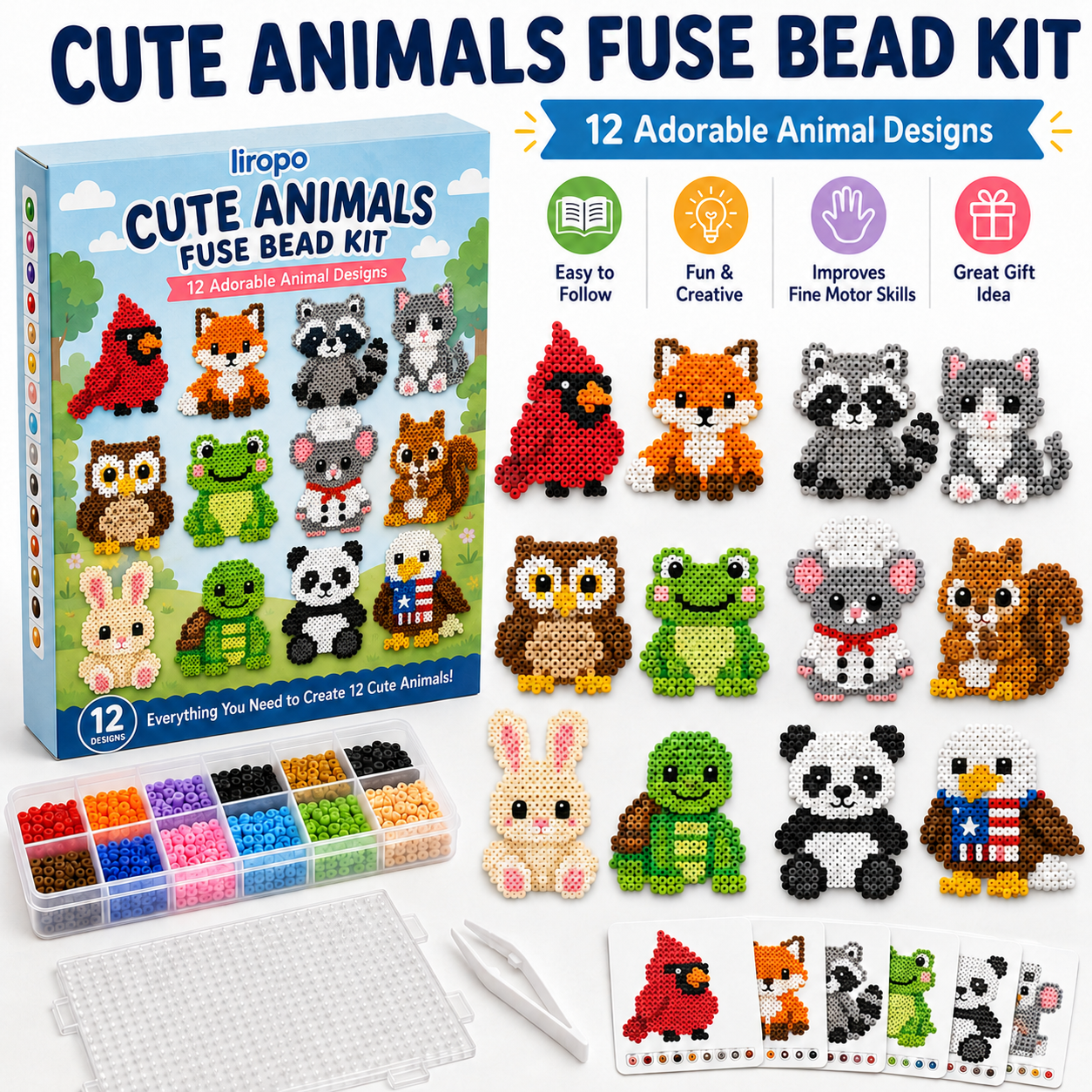 Cute Animals Fuse Bead Kit 🐾 12 Animal Pattern DIY Craft Toy