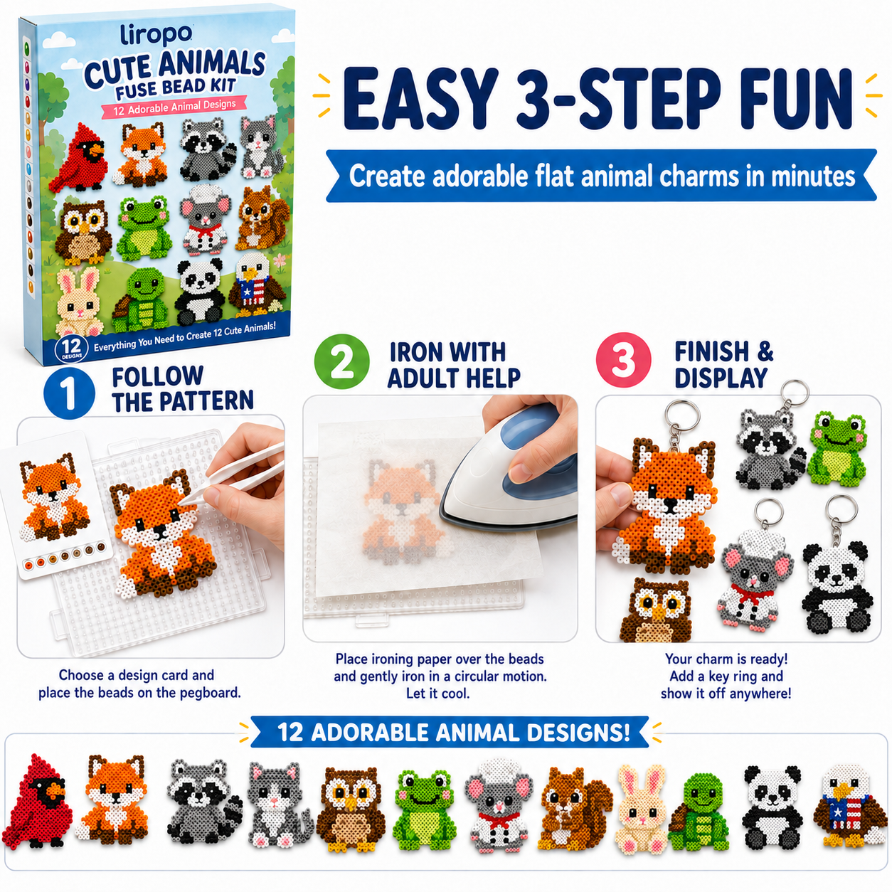 Cute Animals Fuse Bead Kit 🐾 12 Animal Pattern DIY Craft Toy