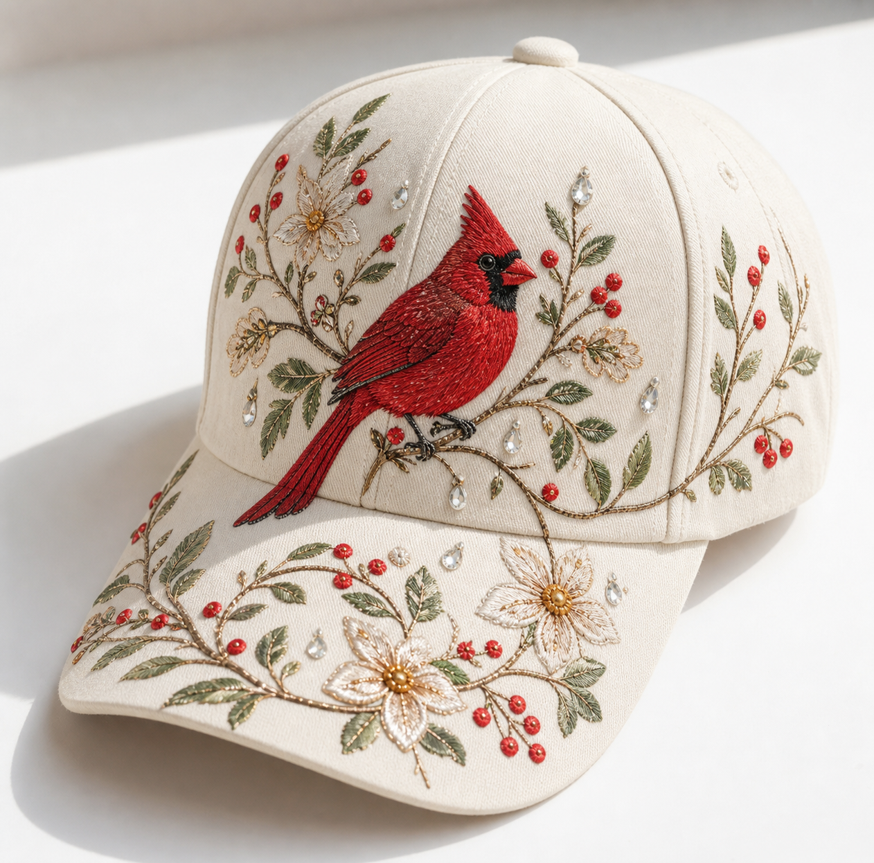 Women's cardinal embroidered baseball cap with floral details
