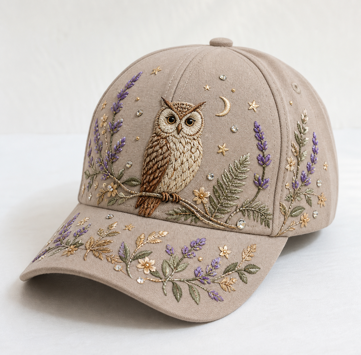 Women's owl and lavender embroidered baseball cap