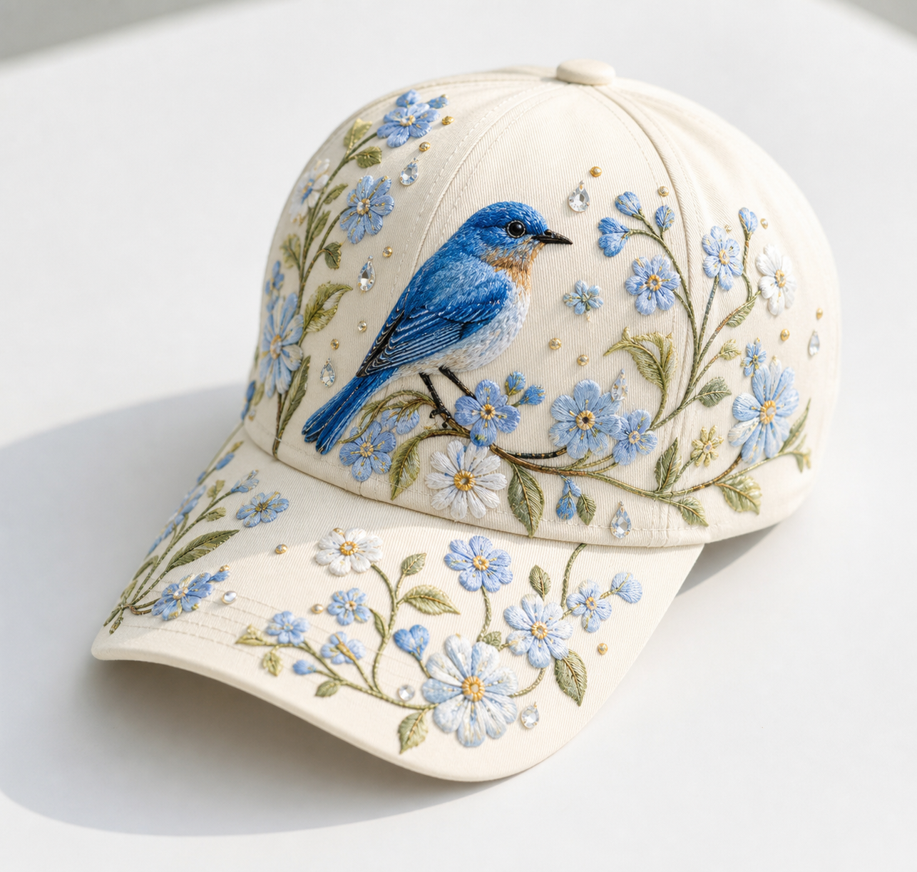 Women's bluebird floral embroidered baseball cap