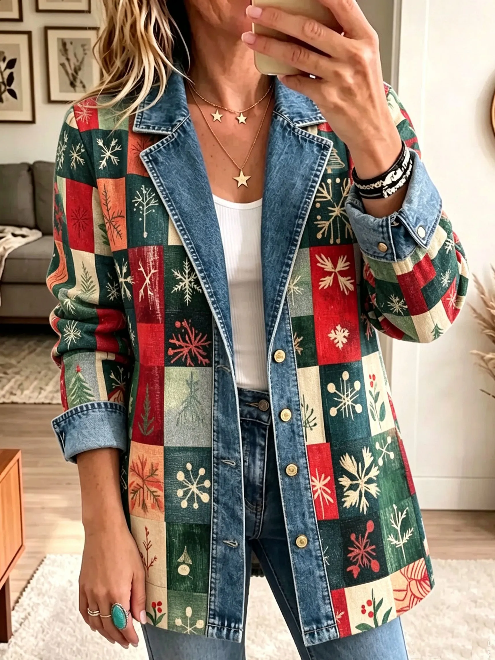 Veste bohème à carreaux en velours côtelé et denim patchwork