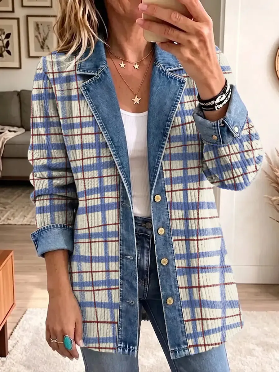 Veste bohème à carreaux en velours côtelé et denim patchwork
