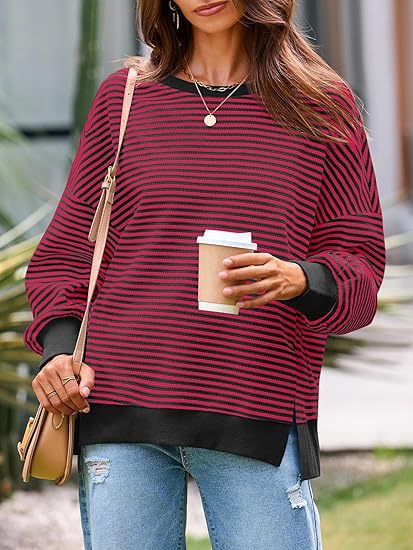 Oversized Waffle Knit Sweatshirt – Crewneck Tunic, Drop Shoulder, Side Splits, Long Sleeve