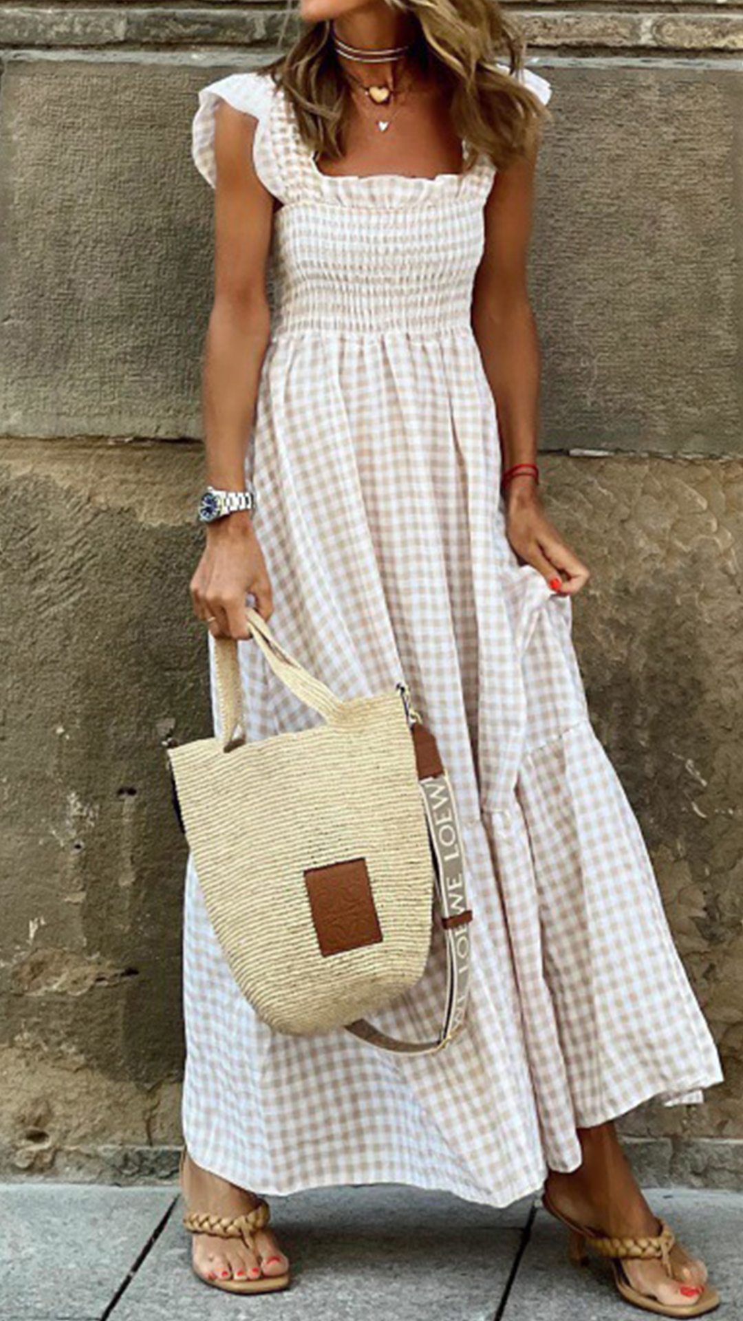 Women's Beige Gingham Maxi Dress — Linen-Blend Fabric
