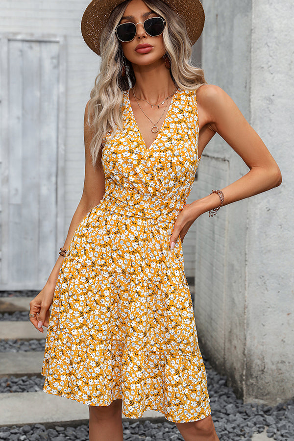 Sleeveless V-Neck Ditsy Floral Wrap Tiered Summer Mini Dress