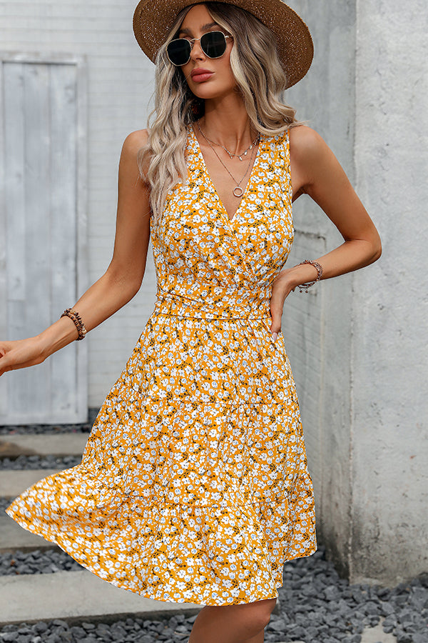 Sleeveless V-Neck Ditsy Floral Wrap Tiered Summer Mini Dress
