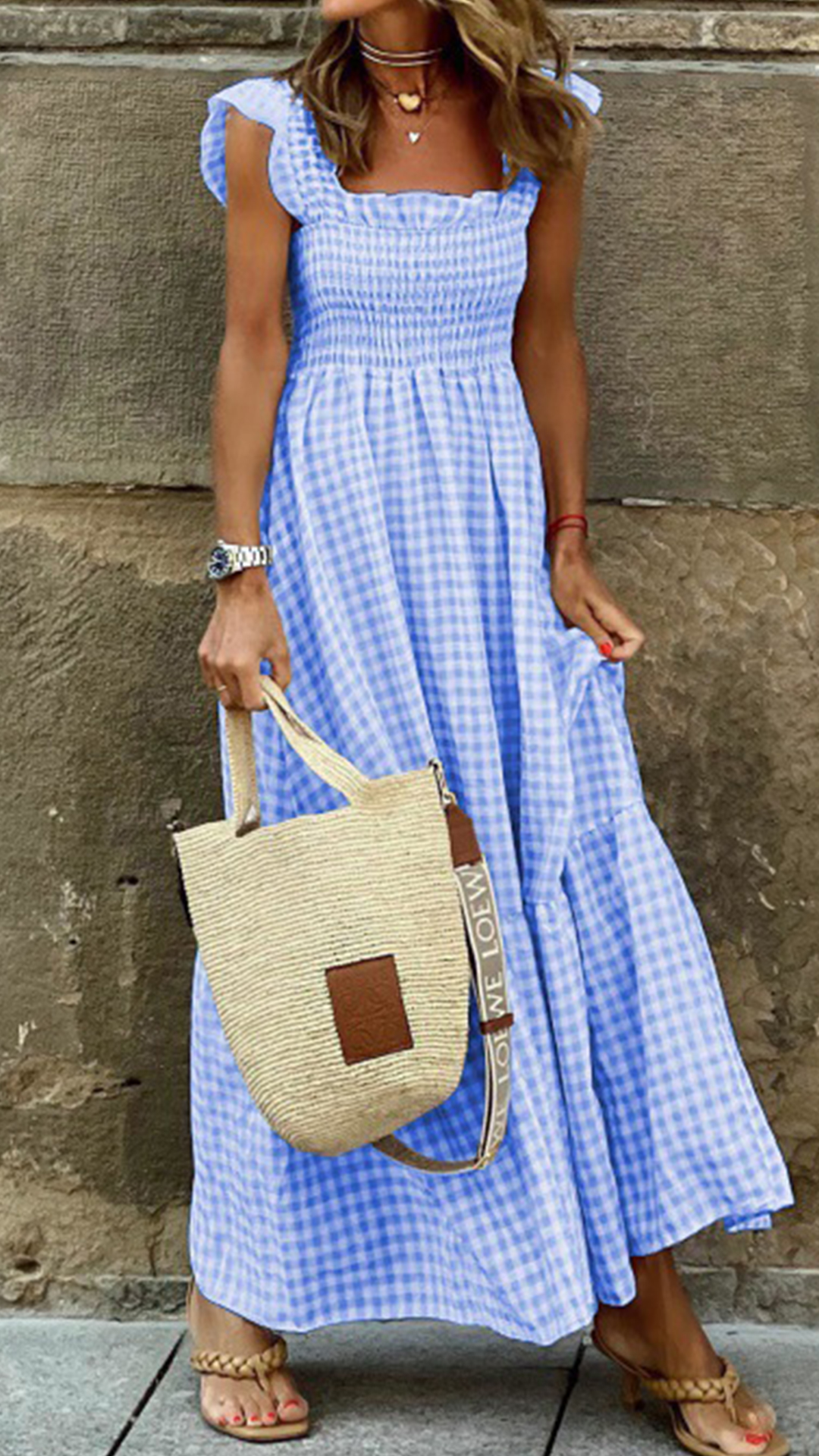 Women's Beige Gingham Maxi Dress — Linen-Blend Fabric