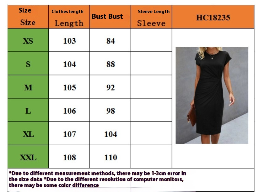 Size chart for front knot bodycon midi dress – 2XS XS S M L XL XXL 3XL measurements