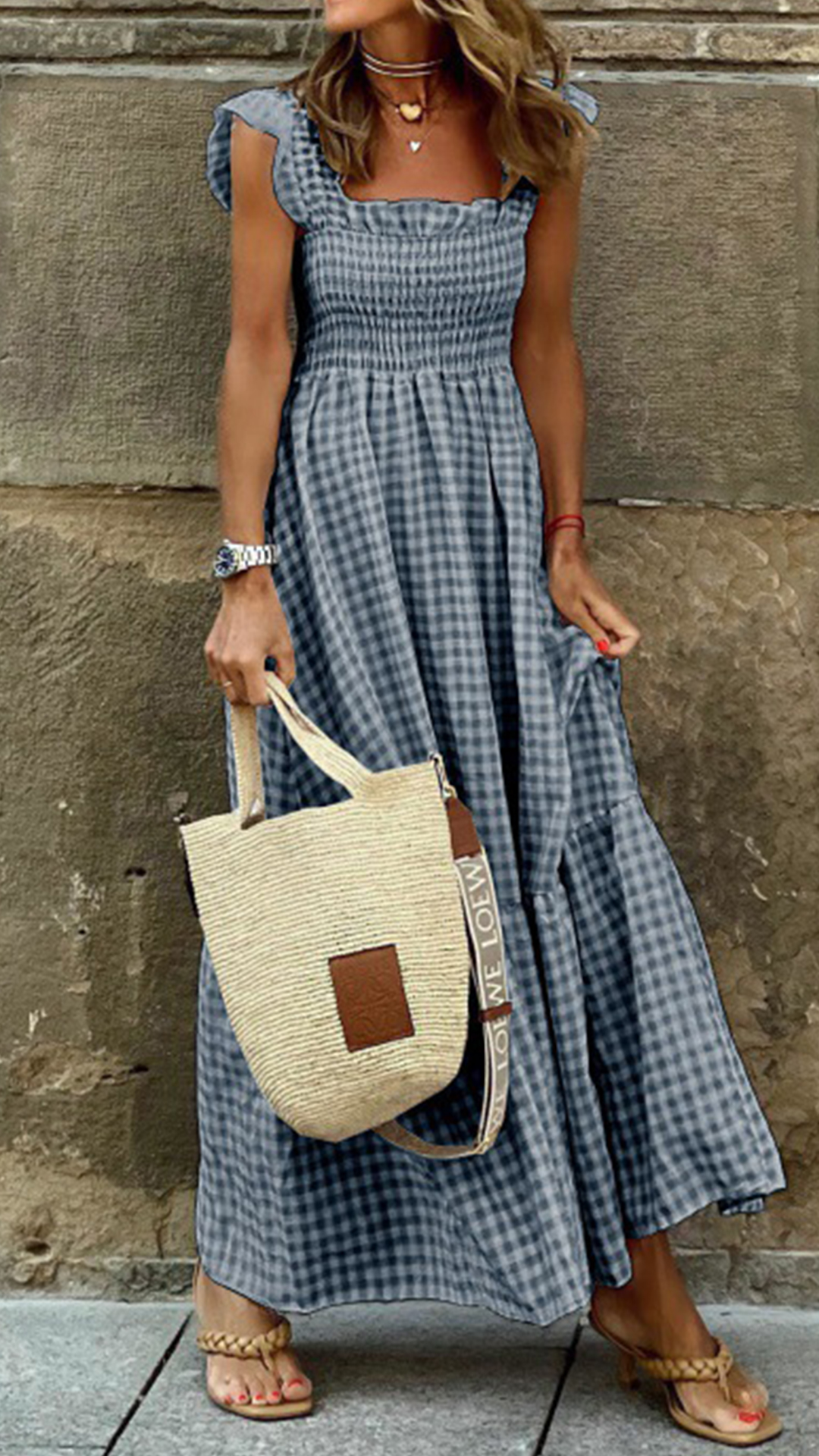 Women's Beige Gingham Maxi Dress — Linen-Blend Fabric