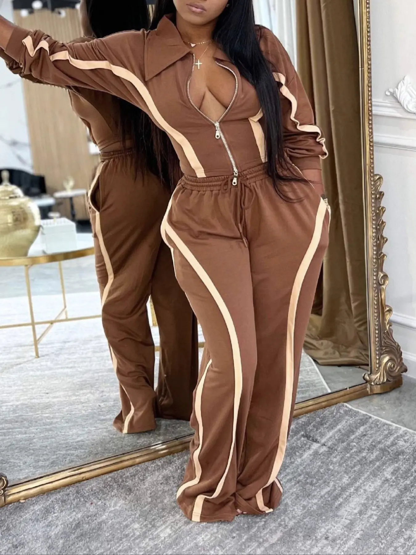Street Style Women's Two-Piece Sports Set - Zipper Jacket & Pants