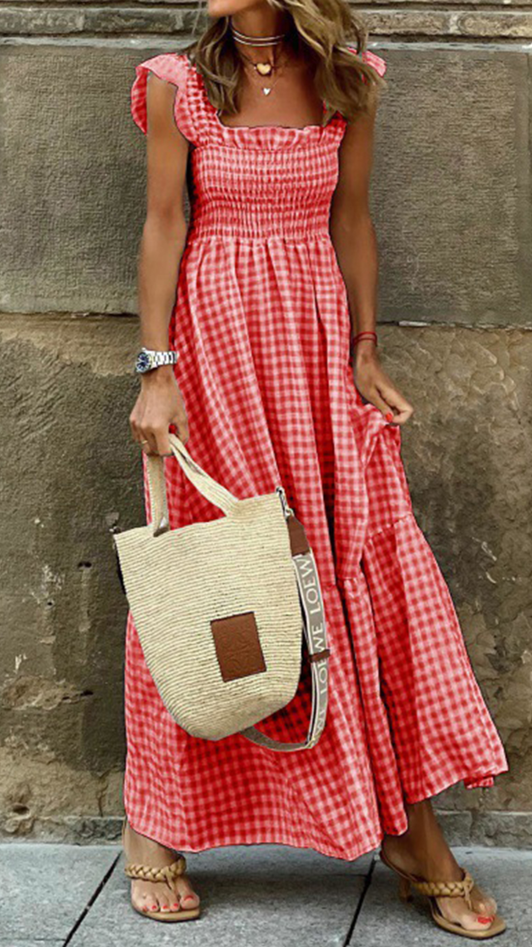 Women's Beige Gingham Maxi Dress — Linen-Blend Fabric