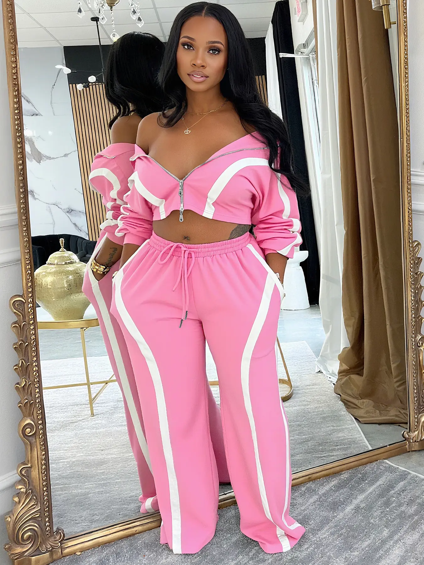 Street Style Women's Two-Piece Sports Set - Zipper Jacket & Pants