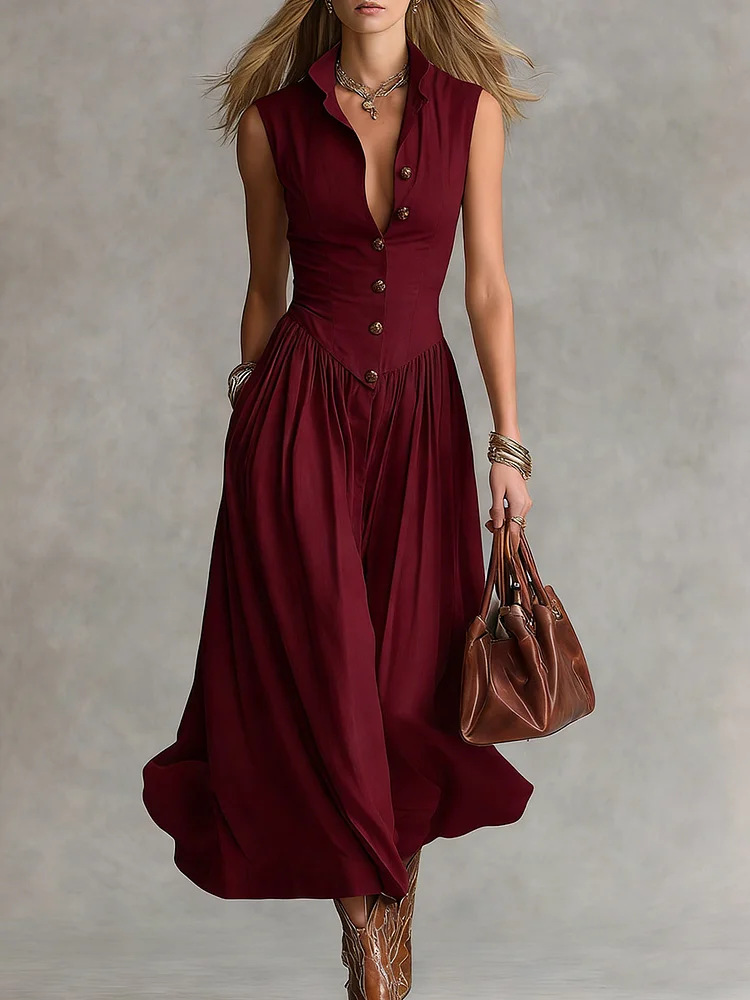 Women's Lapel Collar Maxi Dress – Collar and Patchwork Detail Close-Up