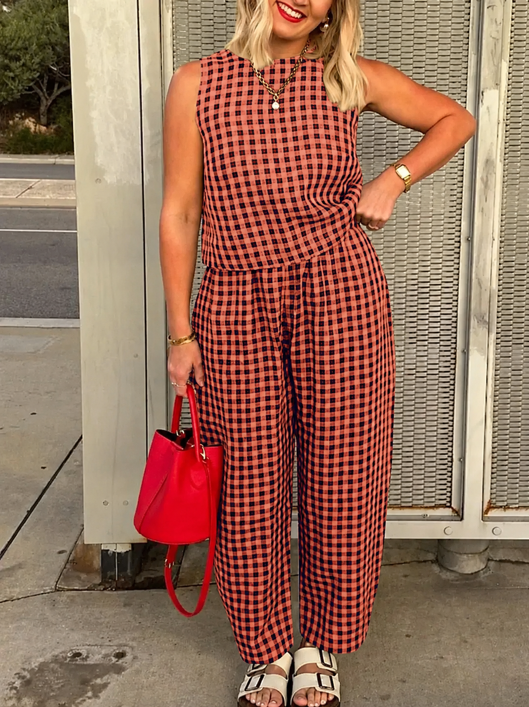Plaid Sleeveless Vest Nine Point Pants Set
